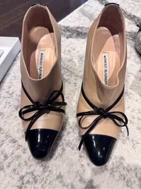 Manolo Blahnik Beige and Black Leather Ankle Booties with Patent Cap Toe